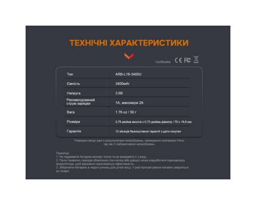 Акумулятор Fenix 18650 3400 mAh micro usb зарядка (ARB-L18-3400U) Акумулятор Fenix 18650 3400 mAh micro usb зарядка (ARB-L18-3400U)