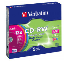 Диск CD Verbatim CD-RW 700Mb 12X SlimBox 5шт Color (43167)