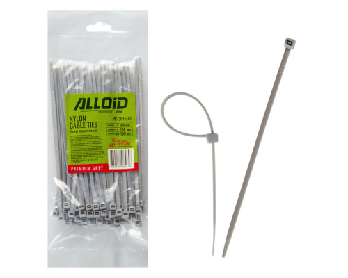 Стяжка Alloid 3.6х150мм, пластик, 100шт./уп., сірий (PC-36150G)
