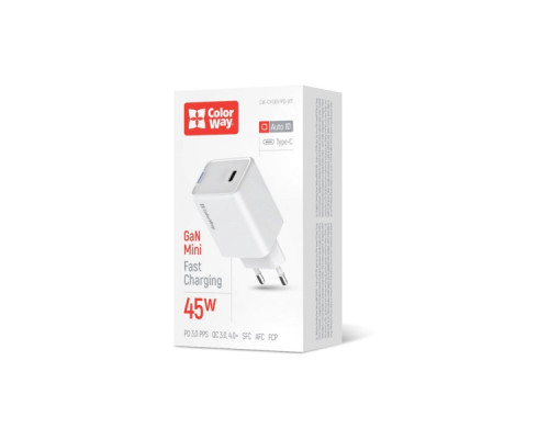 Зарядний пристрій ColorWay GaN Mini 45W PD Port PPS USB-C white (CW-CHS057PD-WT)