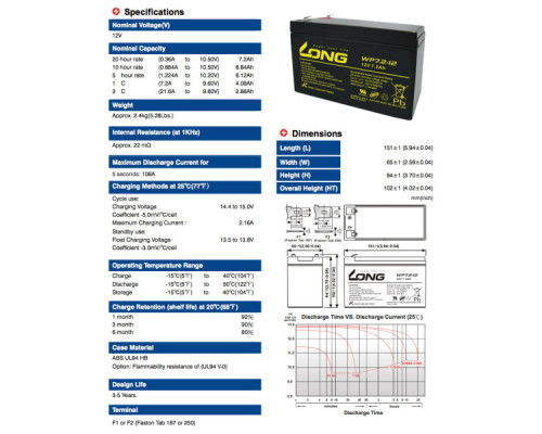 Батарея до ДБЖ Long 12В 7.2 Ач (WP7.2-12) (WP7.2-12A)