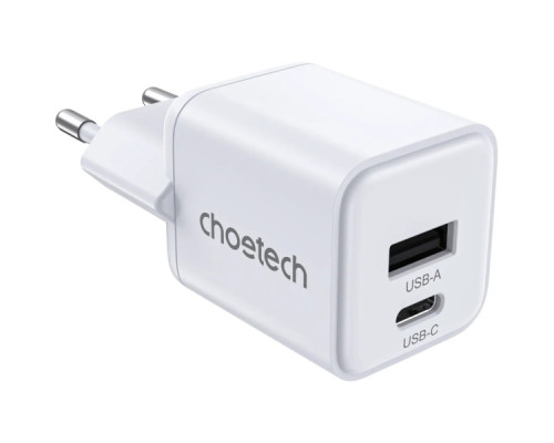 Зарядний пристрій Choetech 1xUSB-C PD30W PPS + 1xUSB QC3.0 (PD5012-EU-WH)