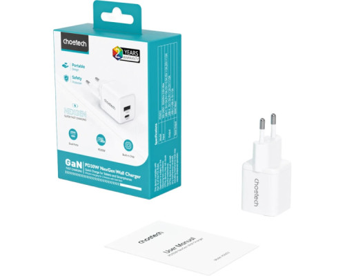 Зарядний пристрій Choetech 1xUSB-C PD30W PPS + 1xUSB QC3.0 (PD5012-EU-WH)