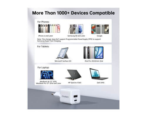 Зарядний пристрій Choetech 1xUSB-C PD30W PPS + 1xUSB QC3.0 (PD5012-EU-WH)