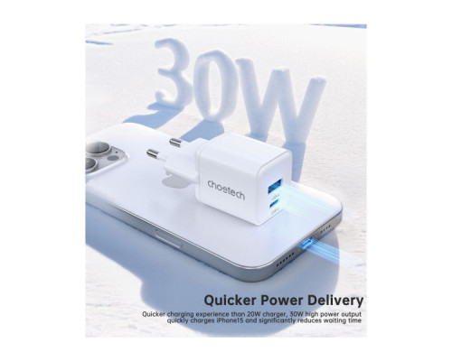 Зарядний пристрій Choetech 1xUSB-C PD30W PPS + 1xUSB QC3.0 (PD5012-EU-WH)