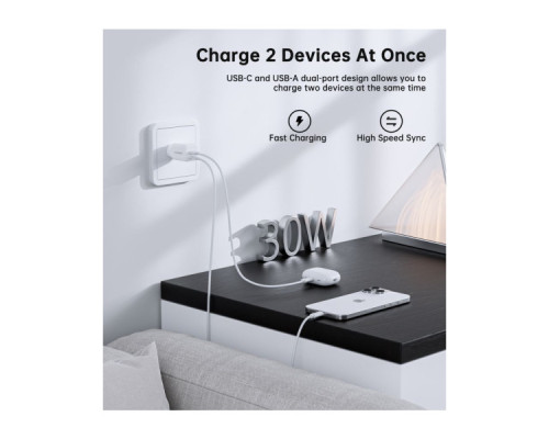 Зарядний пристрій Choetech 1xUSB-C PD30W PPS + 1xUSB QC3.0 (PD5012-EU-WH)