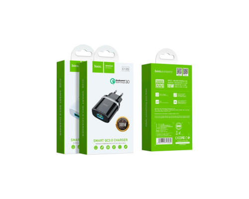 Зарядний пристрій HOCO C12Q Smart USB QC3.0 18W Black (6931474716255)