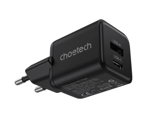 Зарядний пристрій Choetech 1xUSB-C PD30W PPS + 1xUSB QC3.0 (PD5012-EU-BK)