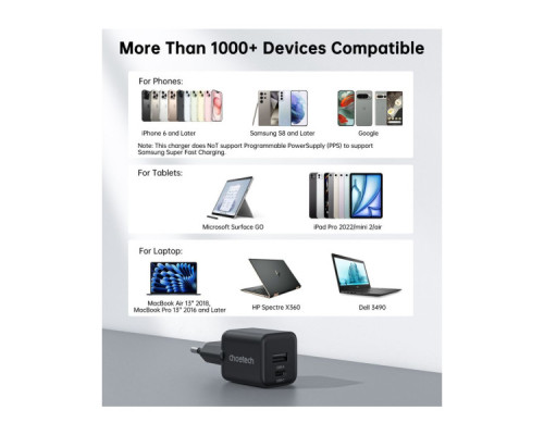 Зарядний пристрій Choetech 1xUSB-C PD30W PPS + 1xUSB QC3.0 (PD5012-EU-BK)