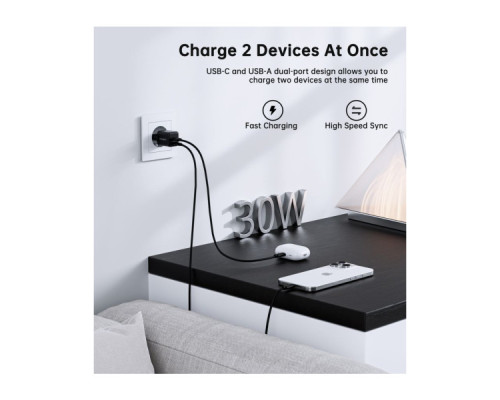 Зарядний пристрій Choetech 1xUSB-C PD30W PPS + 1xUSB QC3.0 (PD5012-EU-BK)