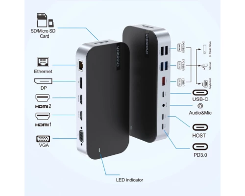 Концентратор Choetech USB-C 15-in-1 HDMI/PD/CR/LAN/USB-A/USB-C/AUX/VGA/DP (HUB-M52-GY) Концентратор Choetech USB-C 15-in-1 HDMI/PD/CR/LAN/USB-A/USB-C/AUX/VGA/DP (HUB-M52-GY)