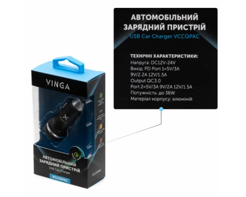 Зарядний пристрій Vinga QC3.0 + PD Quick Car Charger aluminium 36W Max black (VCCQPAC) Зарядний пристрій Vinga QC3.0 + PD Quick Car Charger aluminium 36W Max black (VCCQPAC)