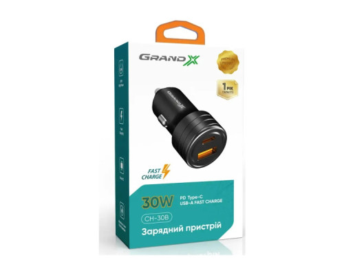 Зарядний пристрій Grand-X CH-30B 30W 1xUSB + 1xUSB-C PD + QC3.0 AFC FCP SCP VOOC Black (CH-30B)