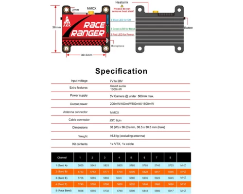 Відеопередавач (VTX) AKK Race Ranger 1.6W 5.8GHz 48CH L,X Band (TX1918LX)