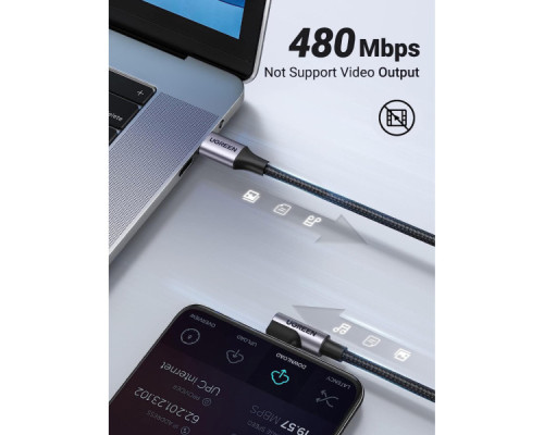 Дата кабель USB-C to USB-C 0.5m 3A 60W 90° corner US255 black/gray Ugreen (50122)
