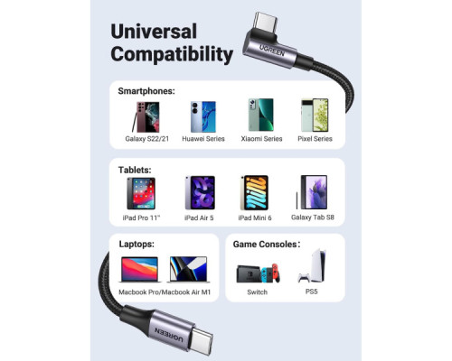 Дата кабель USB-C to USB-C 0.5m 3A 60W 90° corner US255 black/gray Ugreen (50122)