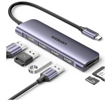 Концентратор Ugreen USB-C 6-in-1 3xUSB 3.0 + HDMI 4K@30Hz + SD/TF silver (20956A)