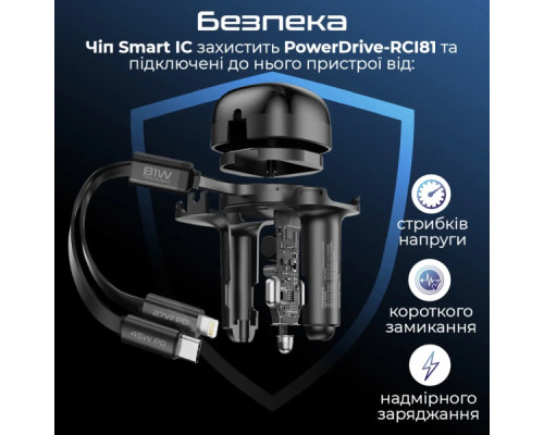 Зарядний пристрій Promate 1xUSB-C PD + 1xUSB + cable USB-C/Lightning max 81W black (powerdrive-rci81)