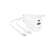 Зарядний пристрій BOROFONE BN29 Fuente 1xUSB-C PD30W + 1xUSB QC3.0 + cable USB-C to Lightning White (6941991120336)
