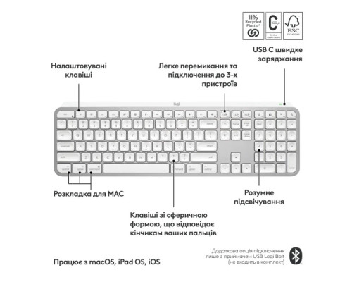 Клавіатура Logitech MX Keys S для MAC Bluetooth/Wireless UA Pale Grey (920-011638)