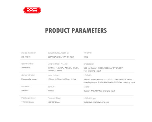 Батарея універсальна XO 30000mAh, PD/20W, QC/22.5W, with light, black (PR240_Black)
