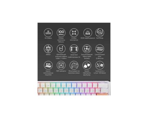 Клавіатура Ducky One 3 Mini Cherry MX Brown RGB UA USB White (DKON2161ST-BUAPXPWWWSC1) Клавіатура Ducky One 3 Mini Cherry MX Brown RGB UA USB White (DKON2161ST-BUAPXPWWWSC1)