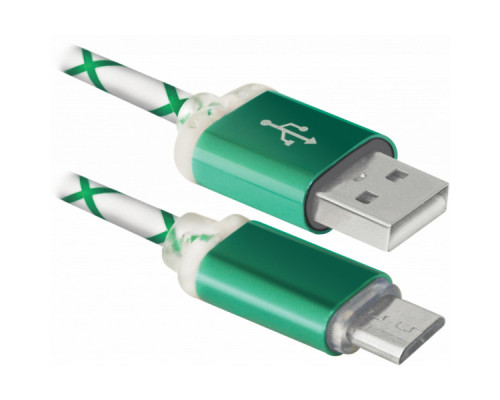 Дата кабель USB 2.0 AM to Micro 5P 1.0m GreenLED backlight Defender (87557)