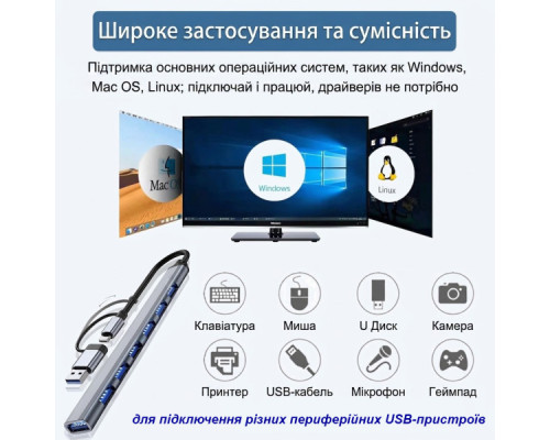 Концентратор Dynamode USB-C + UAB-A to 1xUSB 3.0 + 6xUSB 2.0 gray (DM-UH-701AC)