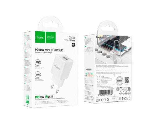 Зарядний пристрій HOCO C147A Charm 1xUSB-C PD20W + 1xUSB QC3.0 White (6942007630276)