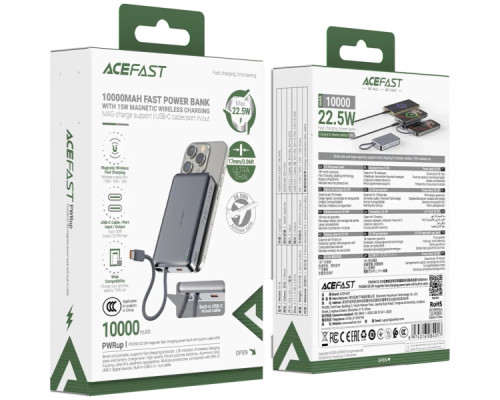 Батарея універсальна Acefast Magnetic Wireless 10000mAh, 22.5W, PD, QC/3.0, QI 15W, M18, Black (6974316284017)