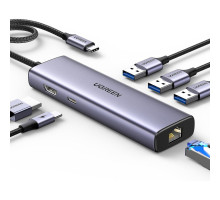 Концентратор Ugreen USB-C 6-in-1 3xUSB 3.0 + HDMI 4K@30Hz + RJ45 1000Mbps + PD silver (15598)