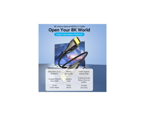 Кабель мультимедійний HDMI M to HDMI M 15.0m V2.1 Optical 8K 60Hz 48Gbps Dolby 7.1 black VENTION (ALBBN)