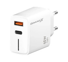 Зарядний пристрій Grand-X GaN 1xUSB-C + 1xUSB QC3.0 45W white (CH-460W)