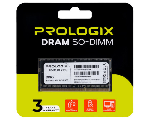 Модуль пам'яті для ноутбука SoDIMM DDR3 8GB 1600 MHz Prologix (PRO8GB1600D3S)