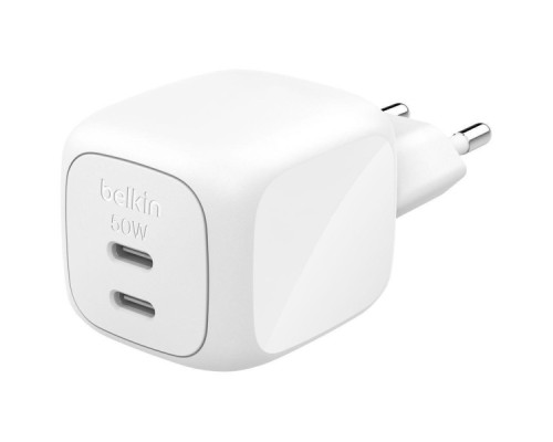 Зарядний пристрій Belkin 2xUSB-C PD50W GaN PPS white (WCH019KQWH)