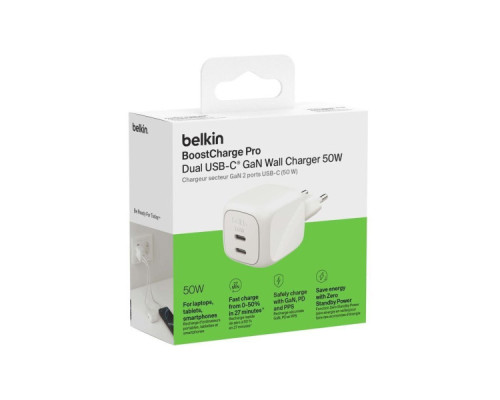 Зарядний пристрій Belkin 2xUSB-C PD50W GaN PPS white (WCH019KQWH)