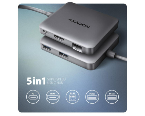 Концентратор AXAGON USB-C to 2xUSB-A + HDMI + RJ45 + PD 100W 0.2m grey (HMC-5HL)