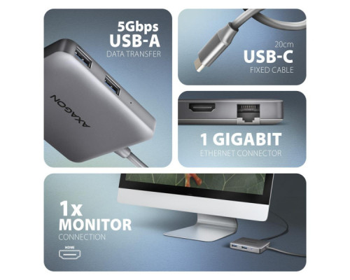 Концентратор AXAGON USB-C to 2xUSB-A + HDMI + RJ45 + PD 100W 0.2m grey (HMC-5HL)