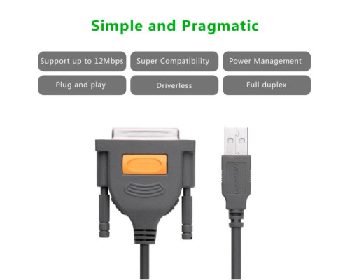 Кабель для принтера USB 2.0 to DB25 2.0m US167 black Ugreen (20224)